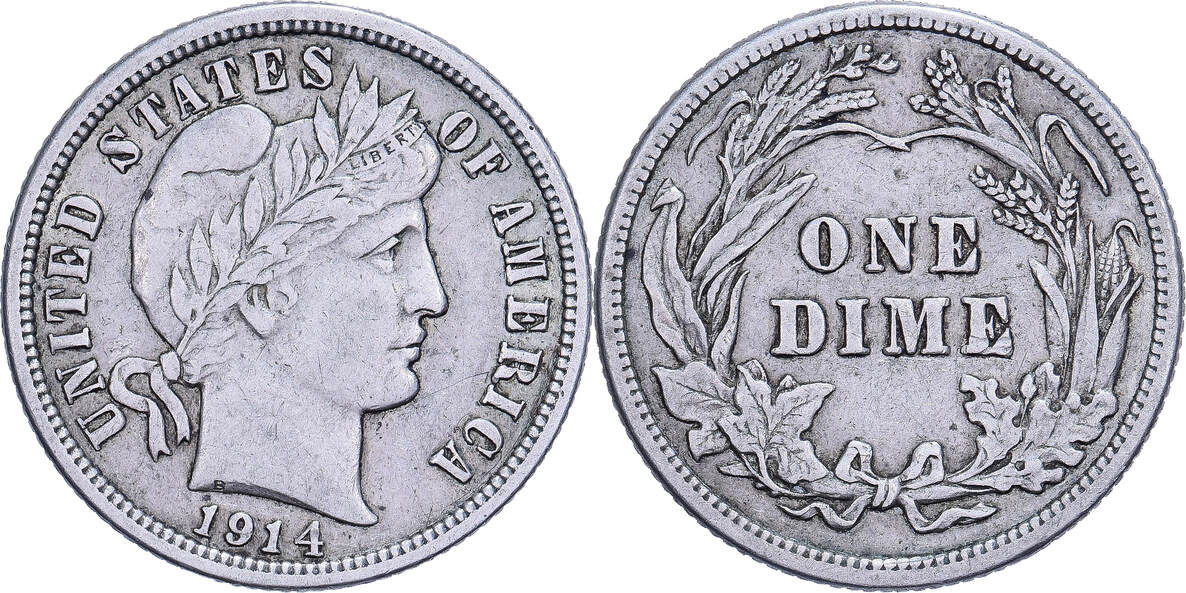 1914 Barber Dime obverse and reverse, showing Liberty portrait and eagle design