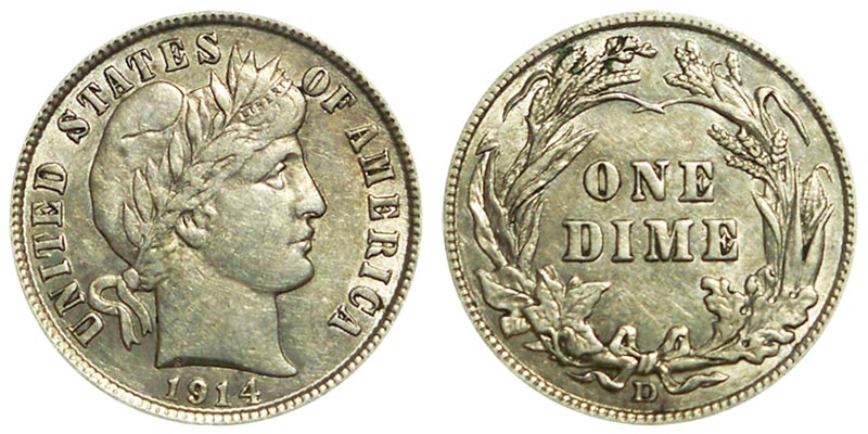 Side-by-side comparison: 1914 Philadelphia dime (no mint mark) vs 1914-D Denver dime with 'D' mint mark visible on reverse