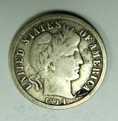 1914 Barber Dime struck-through error showing impressed void or weak area in the obverse field where foreign material blocked the die