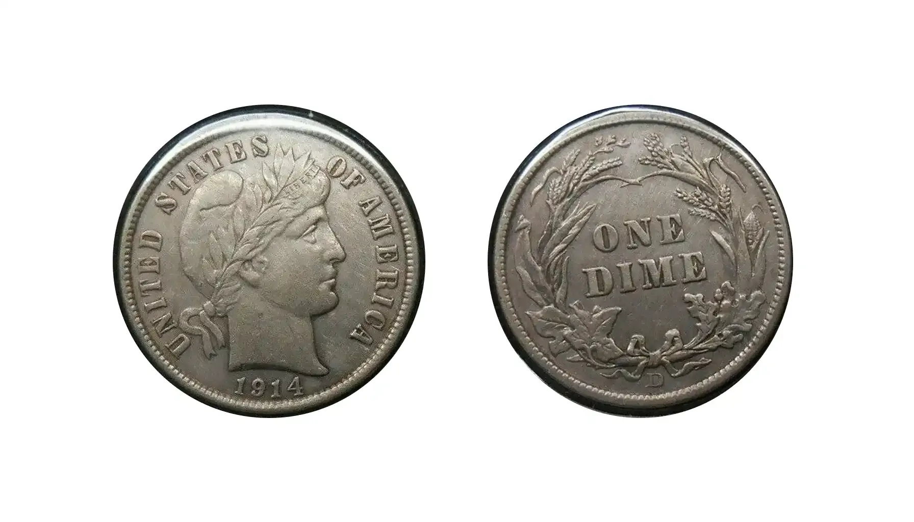 1914 Barber Dime doubled die reverse error showing shelf-like doubling on wreath lettering and ONE DIME inscription