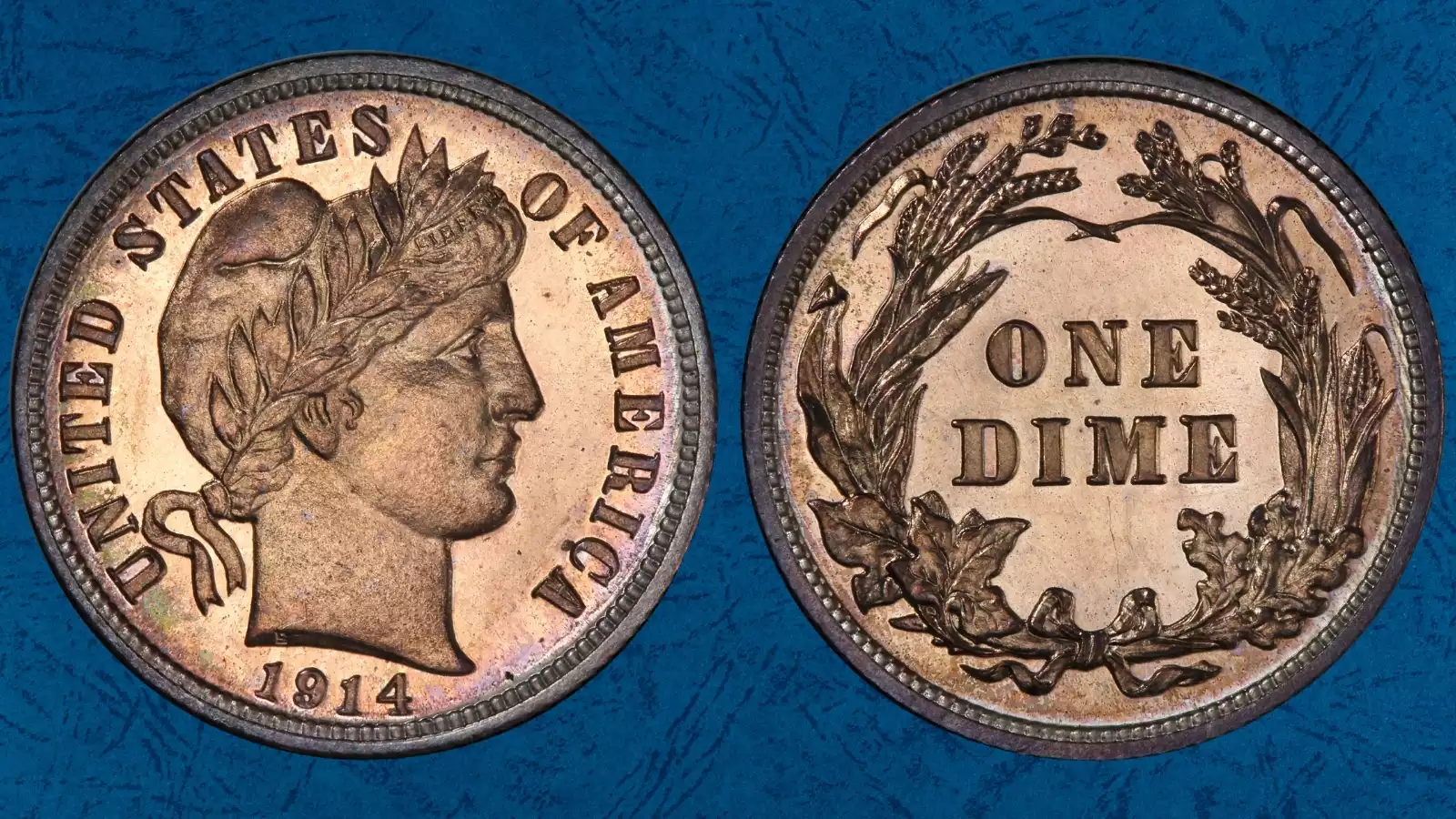 Grading strip showing four 1914 Barber Dimes from Good to Mint State condition, illustrating progressive surface detail